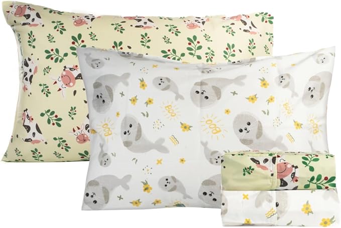 Salt Earth 100% Cotton 210TC Kids Bedsheet, Twin Sheet Set, Toddler Bed, 4-Piece Set – 2 Fitted Sheets & 2 Pillowcases, Themed Toddler Bed Sheets, Cute Kids Bedding (Cow/Seal)
