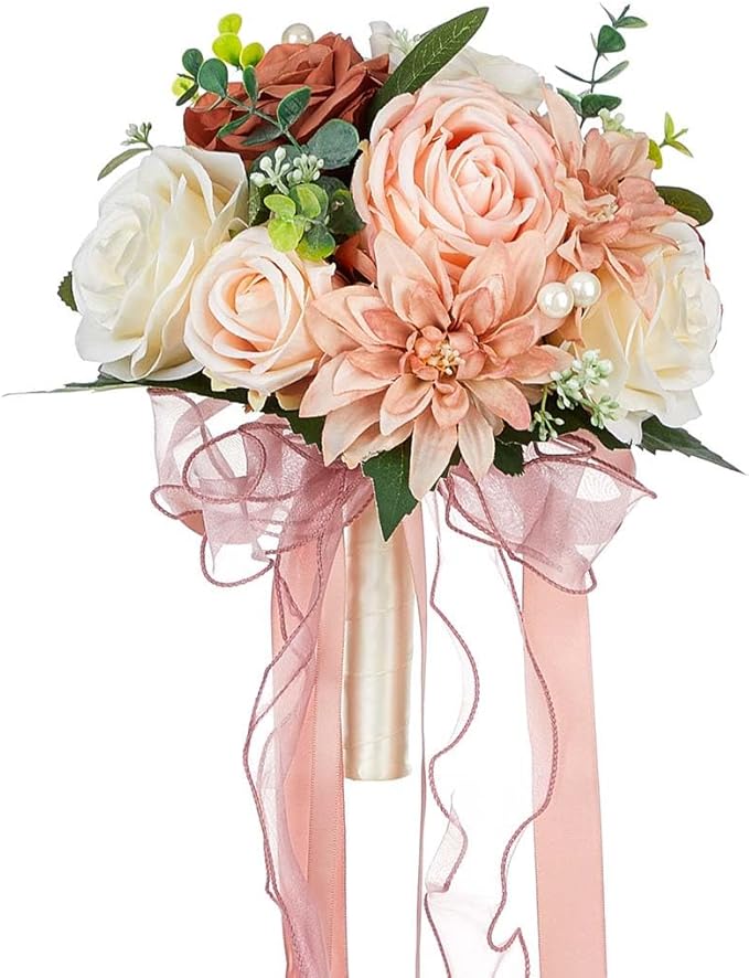CYANLUX Wedding Bouquets for Bride Bridesmaid Bouquet Champagne White Artificial Roses Flowers for Wedding Valentine's Day Church Home Decoration… (Pink)