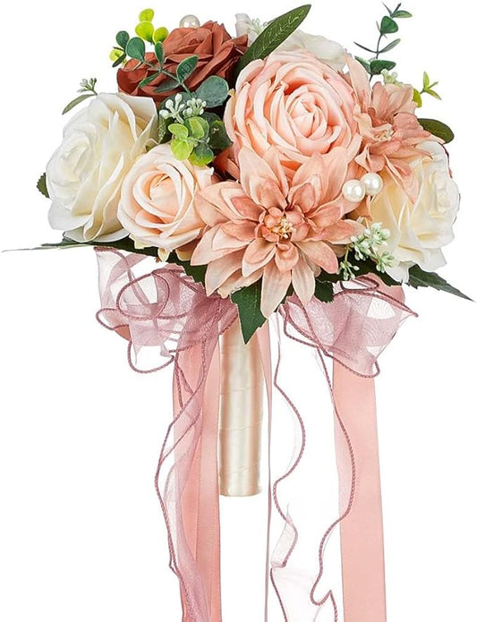 CYANLUX Wedding Bouquets for Bride Bridesmaid Bouquet Champagne White Artificial Roses Flowers for Wedding Valentine's Day Church Home Decoration… (Pink)