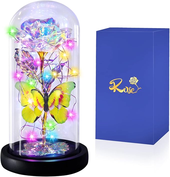 Rainbow Butterfly Rose Flower Birthday Gifts - Women Gifts for Her Anniversary Valentines Mothers Day Christmas Thanksgiving - Light Up Rose Flower Gifts for Wife Mom Grandma Girlfriend Lady Girl