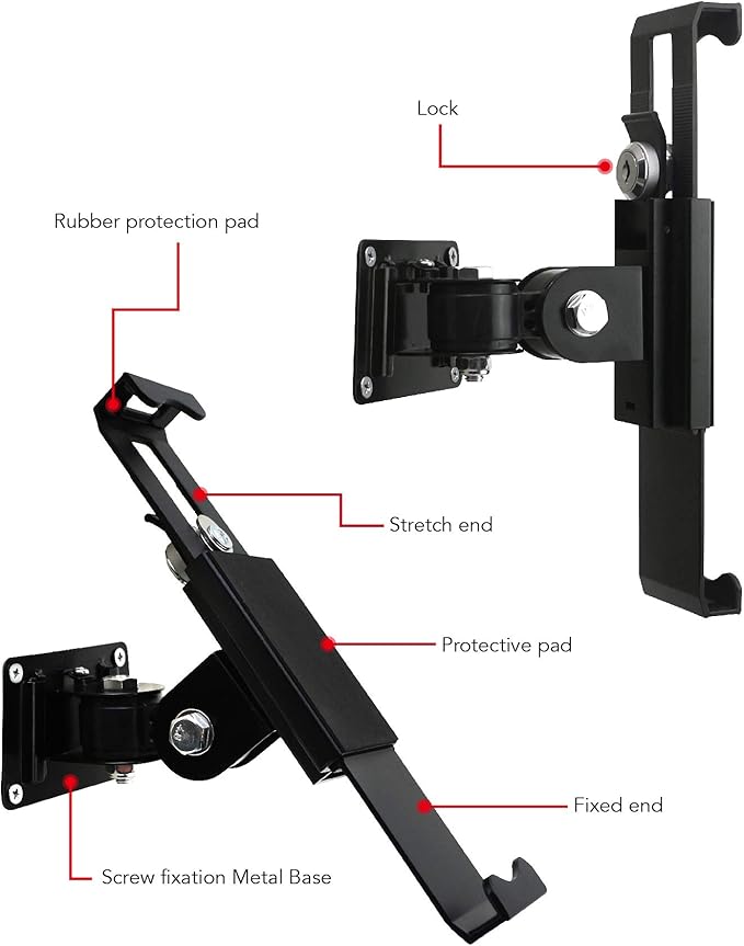 WeSTRUGGLE Tablet Wall Mount Holder with Lock and Key, Rotate Design Arbitrary Adjustment,Multi Angle,Bracket for Most 8 to 10.4 Inch,and for iPad Air &10.2,10.9,Pro 11 Galaxy tab,and More (Black)