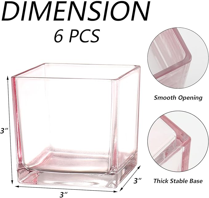 Square Vases Set of 6, 3"x 3"x 3" Glass Vases for Flowers, Square Flower Vase for Centerpieces, Small Pink Vase for Wedding, Party, Home Office Decoration