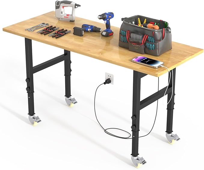 Adjustable Heavy Duty Workbench with Metal Wheels,Rubber Wood Top Working Table, 2500 LBS Load Capacity with for Workshop and Office,etc.