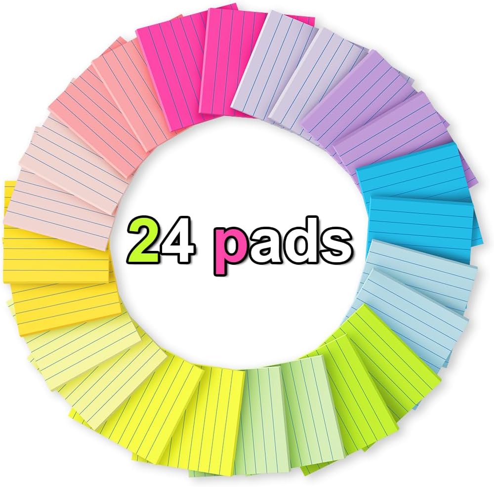 Skiennix Lined Sticky Notes - 3x3 Inch Notepads with Super Sticking Power | Bright Colors, Recyclable