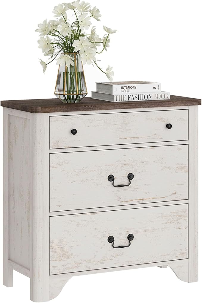 Dresser for Bedroom with 3 Drawers, Rustic White Kids Dressers Wood Chest of Drawers with Curved Profile Design, Mid Century Modern Small Closet Storage Organizer for Nursery, Hallway, Living Room