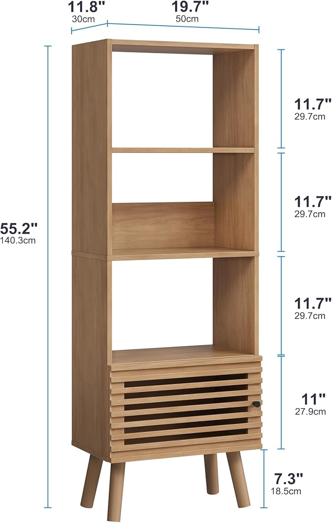 Small Narrow Corner Bookcase, 55" H Mid-Century Modern Bookshelf with Slatted Door, 4 Cube Bookcase with Open Shelf, Display Storage Cabinet for Living Room, Home Office, Oak