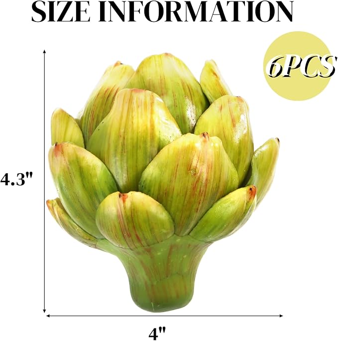 Peohud 6 Pack Large Green Artificial Artichokes, Fake Vegetables and Faux Fruits for Home Kitchen Wedding Party Bowl Vase Filler Decorations