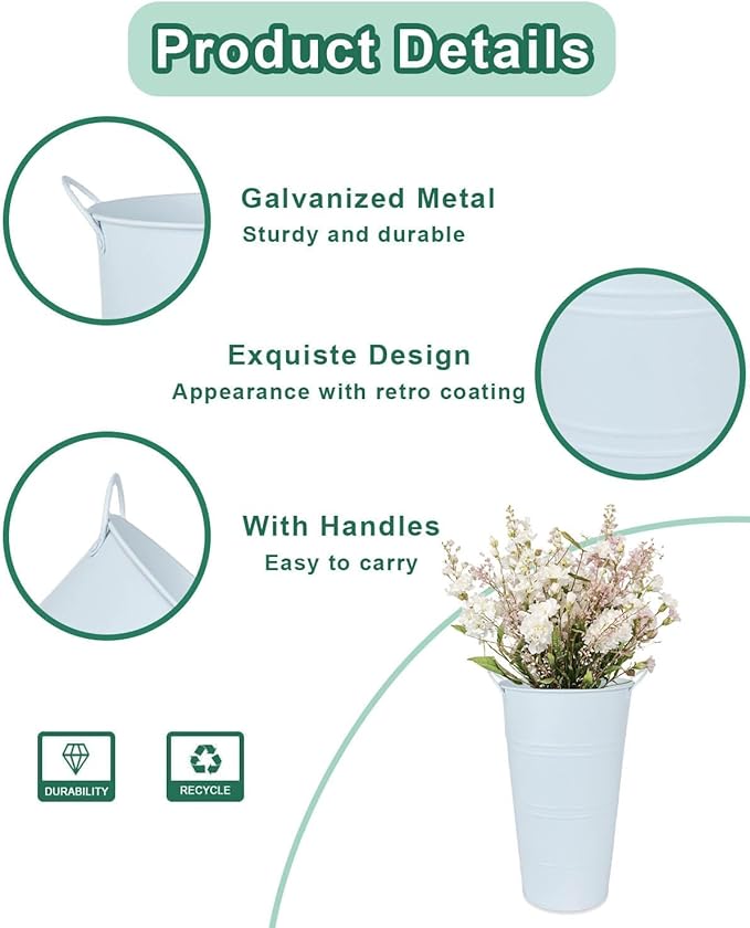 12 Inch Galvanized Metal Vases for Flowers - 2 Pcs Farmhouse Decorative Tall Flower Bucket with Handles, Rustic French Tin Planter Buckets for Wedding Decor (Pure White)