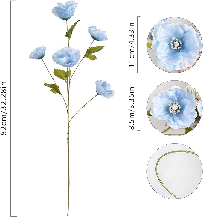 30 Heads 6PCS Blue Poppy Artificial Flowers 32in Silk Poppy Light Blue Flowers for Wedding Home Party Table Centerpiece Arrangement Decoration (Blue)