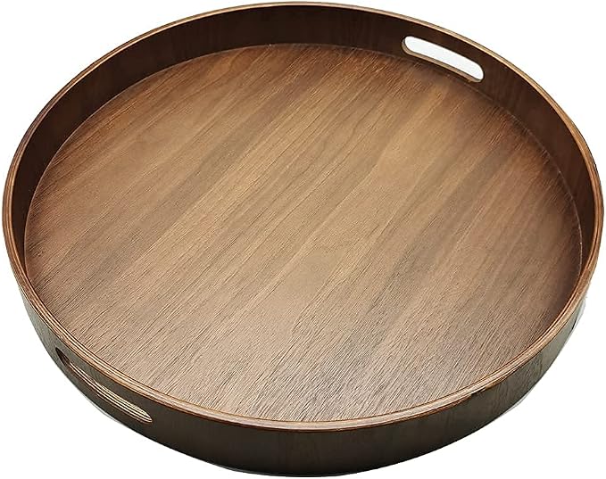 i-lan 16" Large Round Wooden Serving Tray with 2" Sides, Circle Walnut Food Storage Display Platter Plate with Handles,Decorative Wood Tray for Coffee Table,Ottoman,Vanity,Kitchen, Bathroom