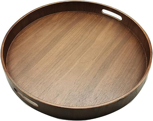 i-lan 16" Large Round Wooden Serving Tray with 2" Sides, Circle Walnut Food Storage Display Platter Plate with Handles,Decorative Wood Tray for Coffee Table,Ottoman,Vanity,Kitchen, Bathroom