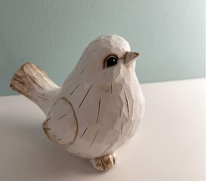 New White Modern Farmhouse Bird Figurine, Bird Statue Sculpture - Carved Rustic Distressed Animal Bird Ornaments - Home Decor Accents Collectible Bird Figurine | Spring