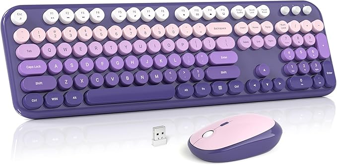 Wireless Keyboard and Mouse Combo, MOWUX Colorful Computer Full Size 2.4G Plug and Play Wireless Typewriter Keyboard and Mouse Set for Computer, Desktop, PC (Purple Gradient)