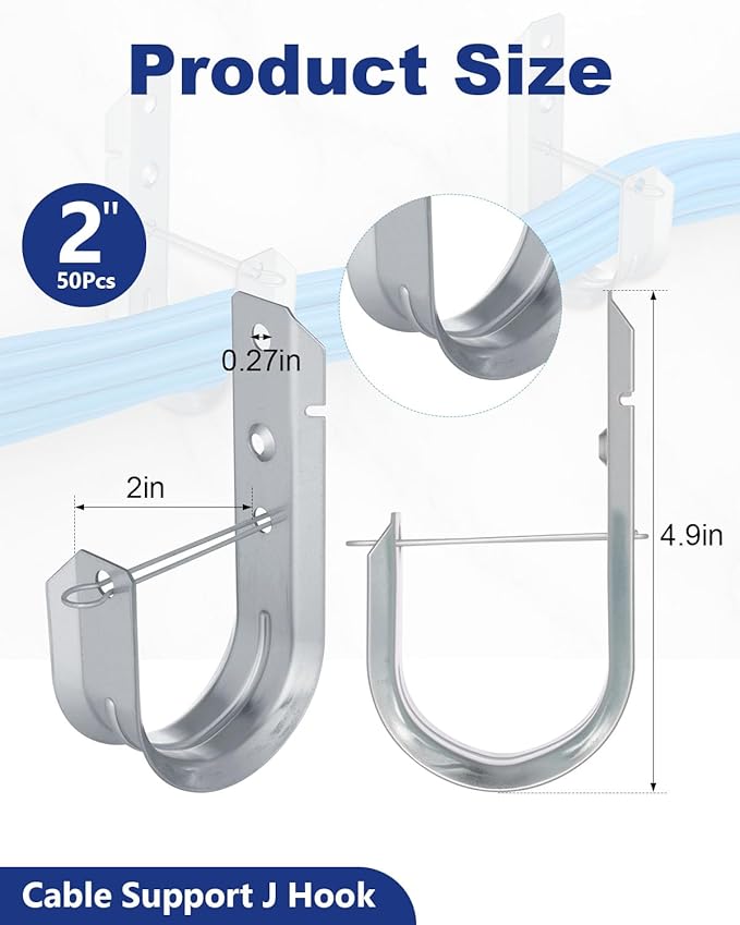 2" Galvanized Steel J-Hooks, Heavy Duty Wall Mount Cable Support J Hook with Retainer Clip for Cable Management (50 PCS)