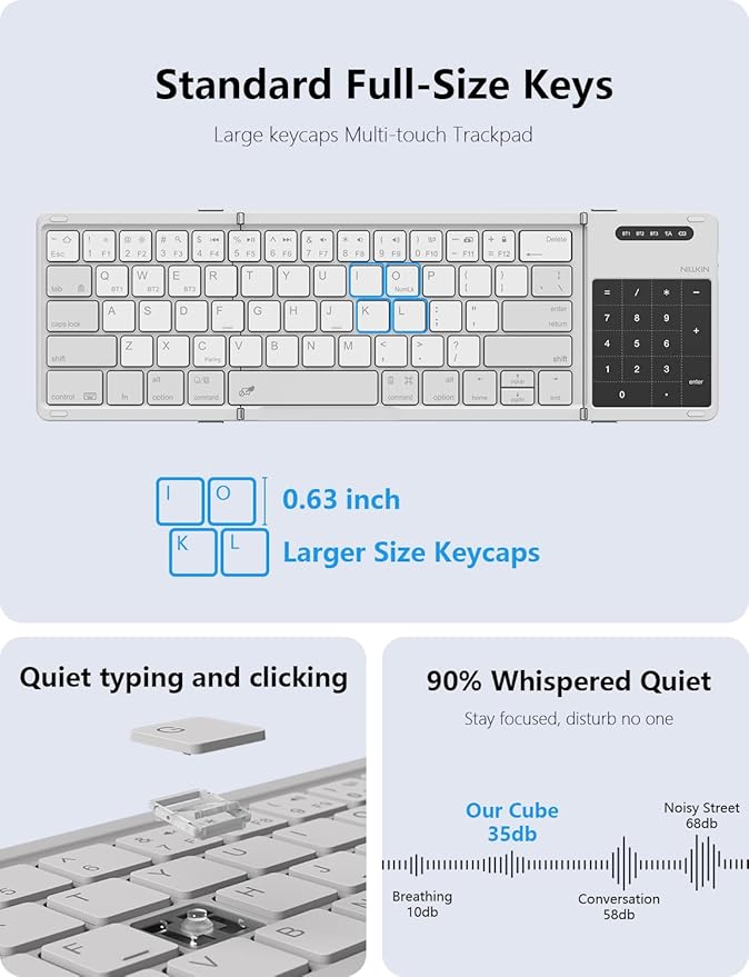 Nillkin Foldable Bluetooth Keyboard with Touchpad & Number Pad, Portable Bluetooth Keyboard with Full Size Keys, Pocket-Sized Wireless Travel Keyboards for iPad, Smartphone, Tablet and Laptop Gray