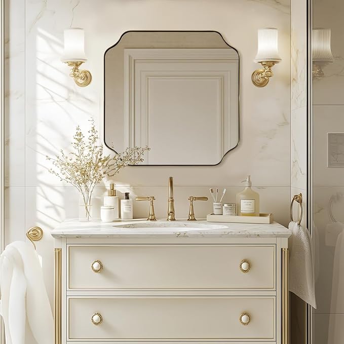 ANDY STAR Square Gold Vanity Mirrors, 24"x24" Brushed Brass Scalloped Bathroom Mirror, Antique Wall Mirror with Anti-Rust Stainless Steel Frame, Rounded Notched Corner Design Ideal for Home Deocr