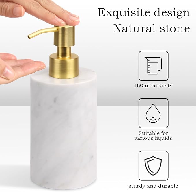 Natural Marble Soap Dispenser for Bathroom and Kitchen Countertop - 5.41 Ounces Hand Lotion and Liquid Stone Shampoo Laundry Bottle with Pump (1, Carrara White, Cylindrical Bottle)