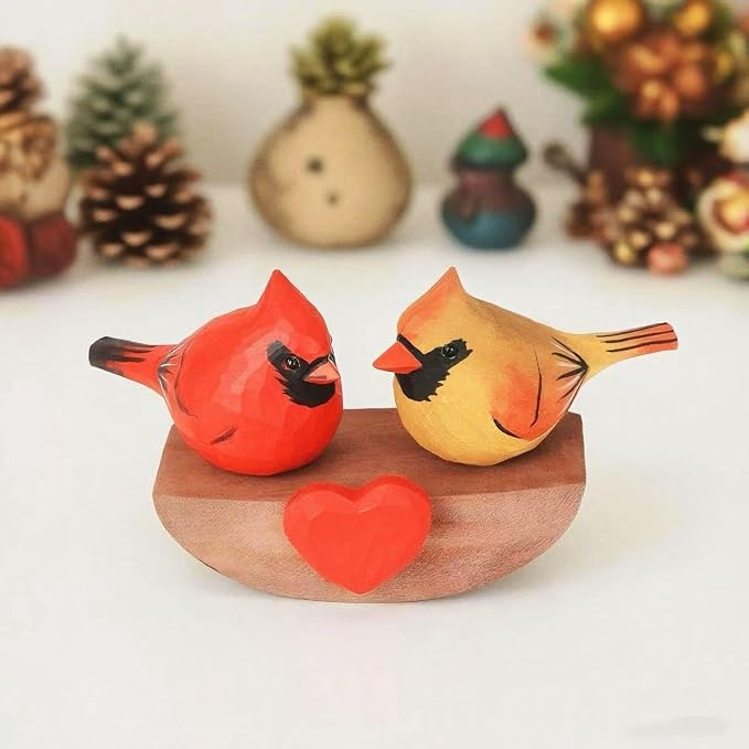 Handmade Wooden Cardinal Figurines on Heart Base - Set of 3 Hand-Carved Male & Female Red Bird Statues - Romantic Couples Gift for Anniversary, Valentine's Day, Wedding & Home Decor Accents