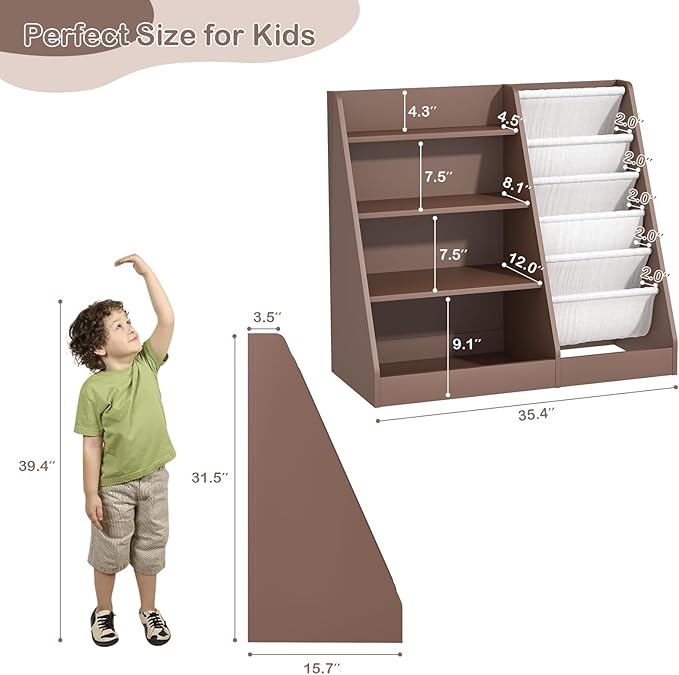 Kids Bookshelf Toy Storage Organizer 4-Tier Wood Book Rack Toddler Bookcase Baby Book Toy Display Shelf 5 Sling Bookshelf for Playroom Bedroom Nursery Classroom Church Espresso