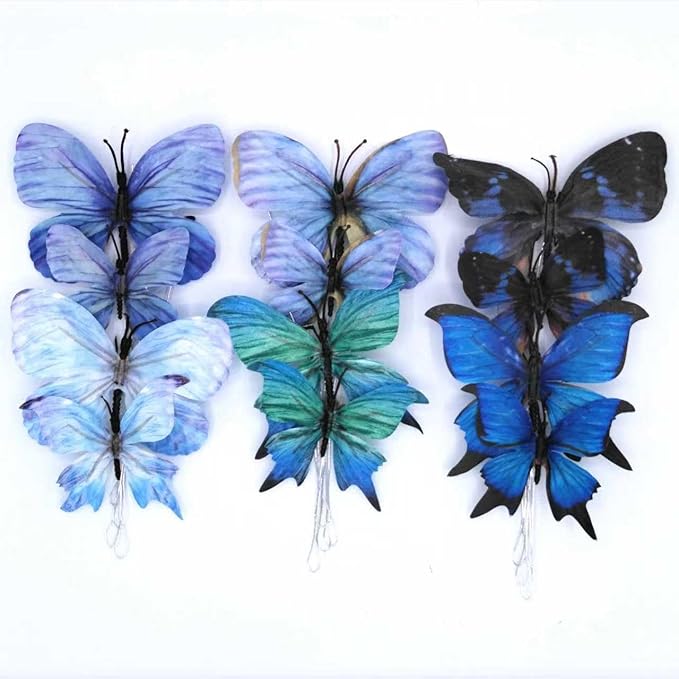 12 PCS Artificial Fabric Butterflies, 2 Sizes Reusable Butterly Crafts Decor, DIY 3D Butterfly Decorations for Fake Flowers Floral Nursery Wedding Tea Party Birthday Easter Spring. (Blue large)