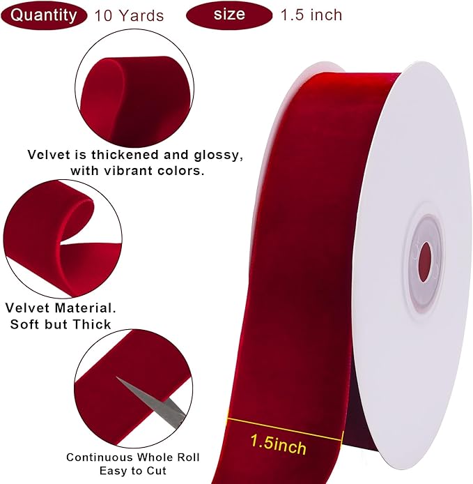 10 Yards Red Velvet Ribbon 1 1/2 Inch for Christmas Tree,Reds Velvet Christmas Ribbon for Gift Wrapping Crafts Bow Wreath Holiday Decorations (Red)