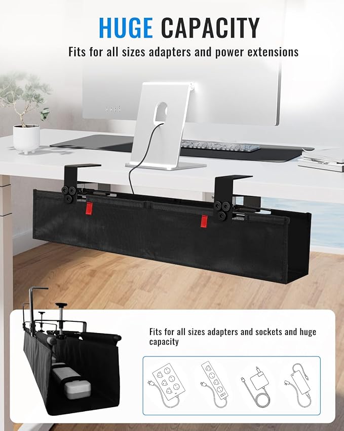 48" No Drill Under Desk Cable Management Tray - Upgraded Oxford Fabric with Cable Loop, No Damage to Table for Standing Desks and Home Office (Extra Large (48 Inch))