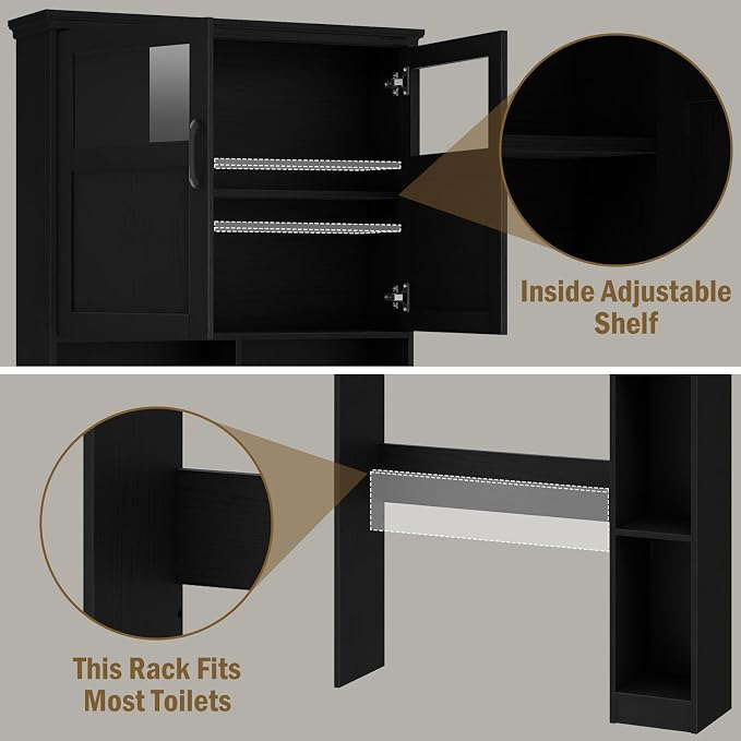 Vabches Over The Toilet Storage Cabinet, Storage Cabinet Over Toilet with Double Doors & Toilet Paper Holder Stand, Freestanding Toilet Shelf Space Saver with Anti-Tip Design & Adjustable Shelf, Black