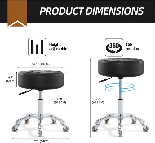Ainilaily Rolling Stool - Adjustable Height Massage & Tattoo Chair with Heavy-Duty Swivel | Black