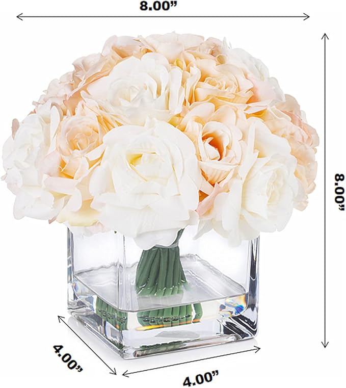ENOVA FLORAL 18 Pieces Rose Artificial Flowers in Vase, Fake Flowers in Vase with Faux Water for Wedding, Dining Table(Cream Beige)