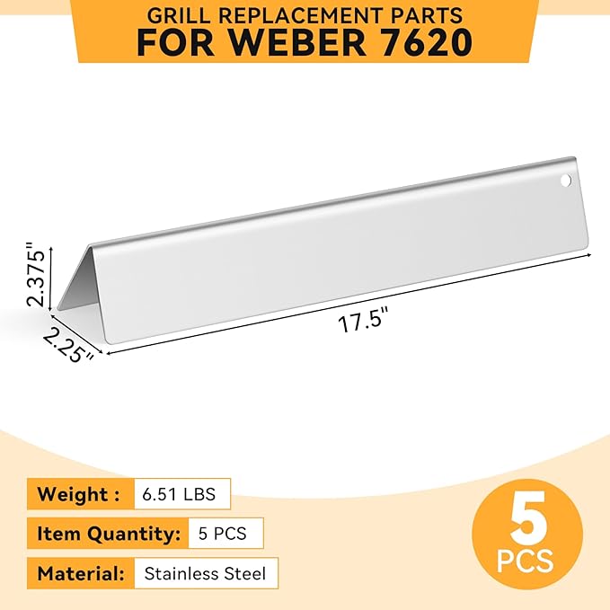 17.5 Inch Stainless Steel Flavorizer Bars for Weber Genesis E310, E320, E330, S310, S320, S330, for Genesis 300 Gas Grills with Front-Mounted Knobs, for Genesis Grill Parts 7620 Flavor Bars, 5 PCS