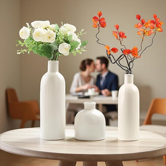 White Crackle Glaze Ceramic Vase Set 3-Piece – Home Decor Modern Decorative Vases Ideal Shelf Decor/Table/Living Room/Kitchen/Office Ideal for Pampas Grass & Floral Arrangements for Flowers