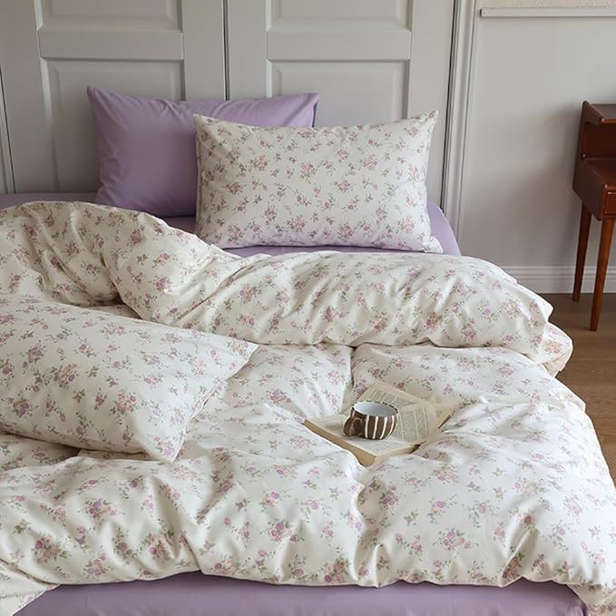 VM VOUGEMARKET Lavender Flower Comforter Set Queen Garden Floral Comforter with 2 Pillowcases Cottagecore Aesthetic Bedding Comforter Set for Girls Women 90"x90"