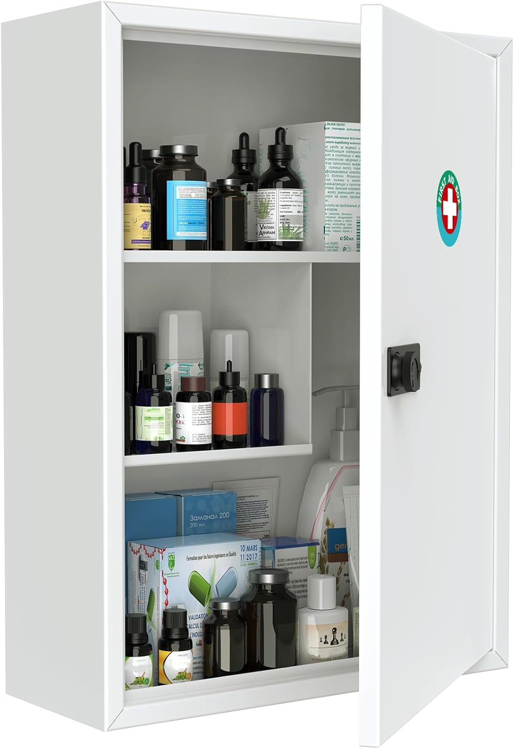 Uniclife Wall Mount Medicine Cabinet - Locking First Aid Organizer with Combination Lock | Large White Steel Storage Box