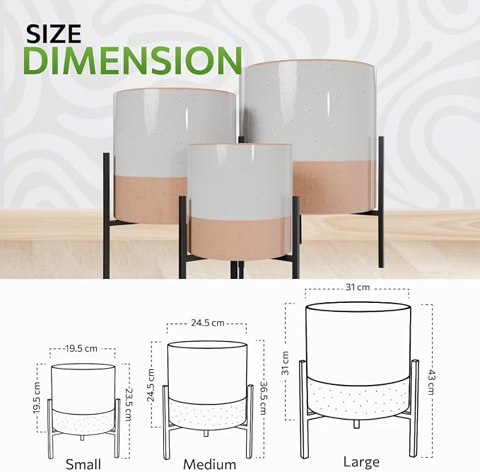 23 Bees Mid-Century Modern Ceramic Planter with Plant Stand Indoor Decorative Plant Pot with Stand in Earthy Beige and White Glaze, Black Metal Stand (Large 16 inch plant pot, Three sizes) (Small)