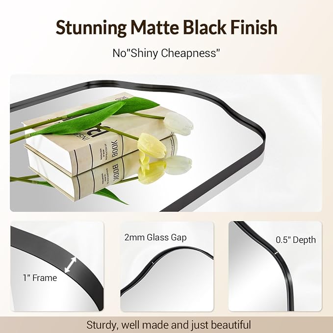 ANDY STAR Scalloped Arched Mirror, 24x38 Matte Black Irregular Wall Mirror for Bathroom Vanity Decorative, for Entryway, Fireplace, Mantel, Rustproof, Stainless Steel Frame