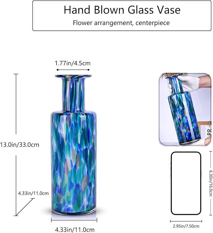 LCCCK 13" Tall Glass Vase Pretty Hand Blown Glass Vase, Unique Colorful Flower Vases for Bouquet, Modern Sea Art Decorative Vase for Home Living Room Kitchen Bathroom Dining Table Centerpieces
