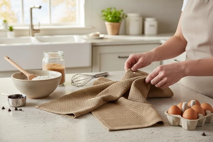 Mocha Light Brown Tan Kitchen Hand Dish Towels: Oversized 28" x 18",100% Cotton Cloth Soft Cleaning Drying Absorbent Textured Design, Set of 3 Multipurpose for Everyday Use (Toasted Coconut)