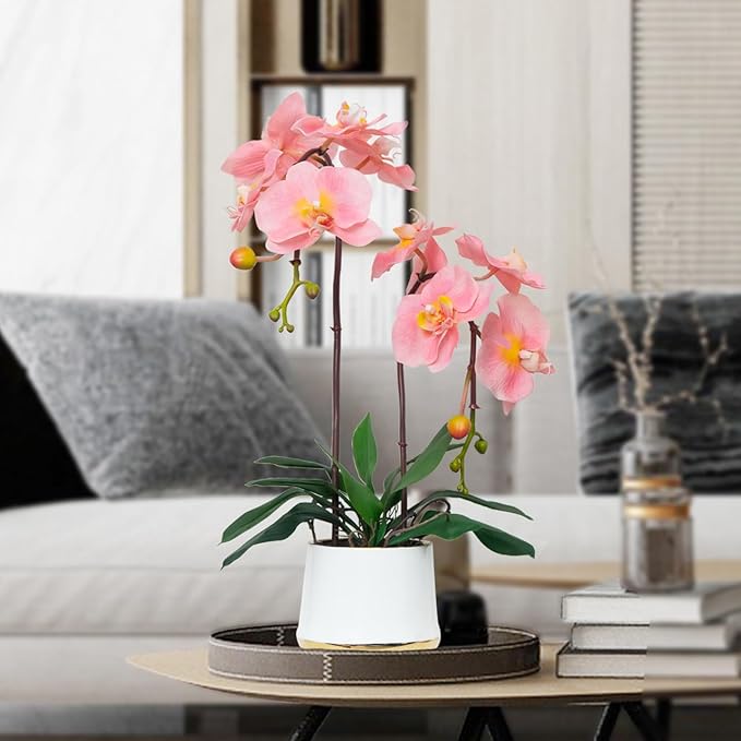CXGS Orchids Artificial Flowers Realistic Fake Flowers in Ceramic Pot 20" Pink Lifelike Faux Floral Arrangement Soft PU Phalaenopsis for Home Hotel Indoor Decor, Centerpiece Display