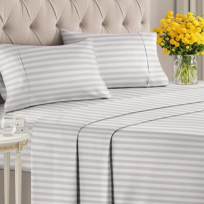 Grey Striped Sheets - 1 Flat & 1 Fitted Sheet & 2 Pillowcases w/ Deep Pockets - Comfy, Cozy, Wrinkle & Fade Resistant - Ultra-Soft, Breathable and Cooling - Luxury Pinstripe Bedding - King Size