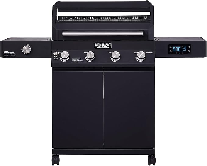 Monument Grills 4+1 Liquid Propane Gas Smart BBQ Grill, 4 Burners & 1 Side Burner Denali 425 with Smart Technology and Knob Controls, Black