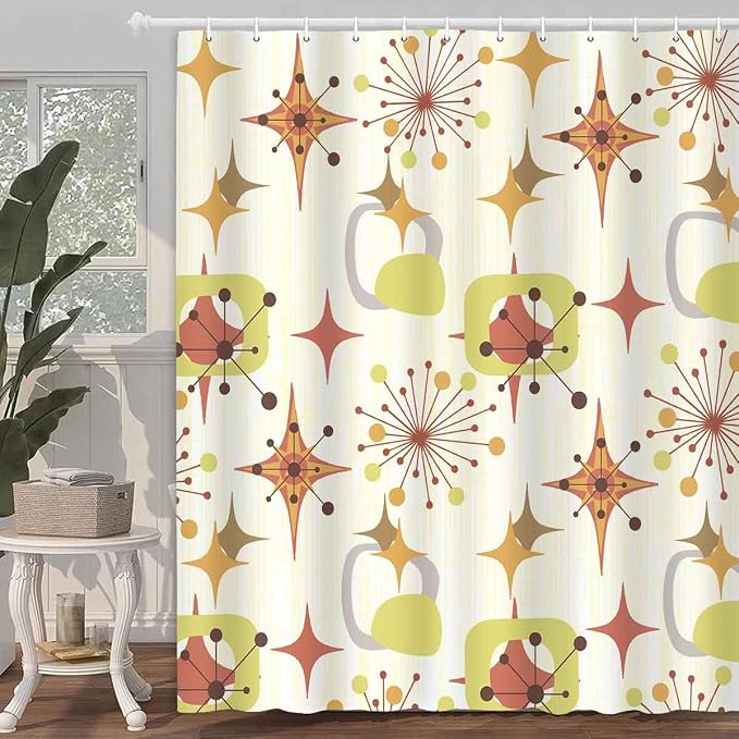 Mid Century Shower Curtain, 72x72inch, Modern Abstract Retro Yellow Striped Geometric Shower Curtain Sets 1950s Boho Bathroom Shower Curtain with 12 Hooks
