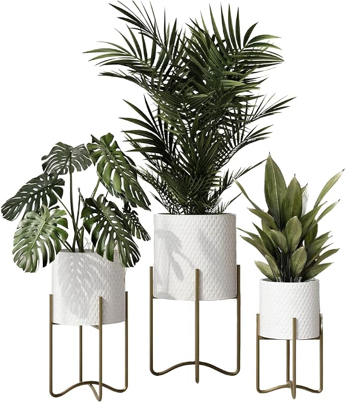 EverNest Claire Mid-Century Modern White Plant Pot with Ambrose Stand, SelectBase, Indoor Plant Pot, Bohemian Style, Minimalist Plant Home Décor (Set of 3, Gold)