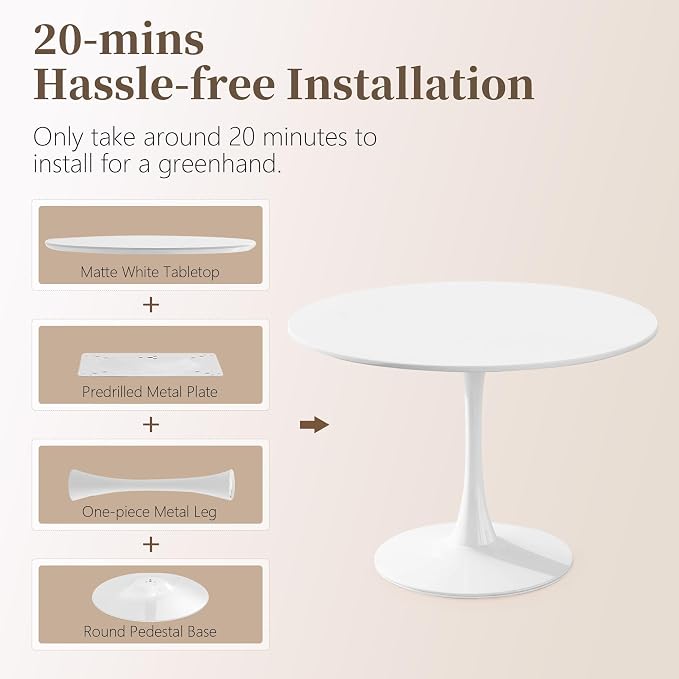 42" Tulip Table for 4-6 Persons Modern Round Dining Room Table, Mid-Century Modern White Small Kitchen Table with MDF Wooden Top, Leisure Coffee Table for Living Room, Dining Room, Office