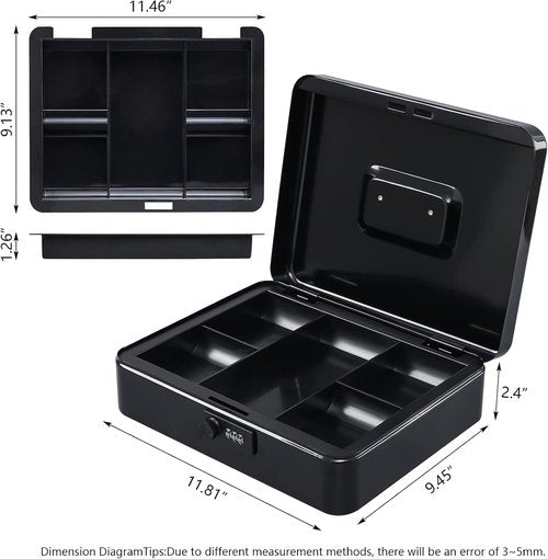 KYODOLED Metal Cash Box - Secure Combination Lock Money Box with Tray | 11.81" x 9.45" x 3.54" - Black