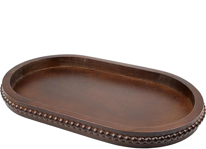 Hrastany Oval Wood Decorative Tray with Wooden Beads, Vintage Serving Platter Tray for Ottoman, Coffee Table, Entertaining, Kitchen Counter Organizer, Home Decor (Retro Brown)
