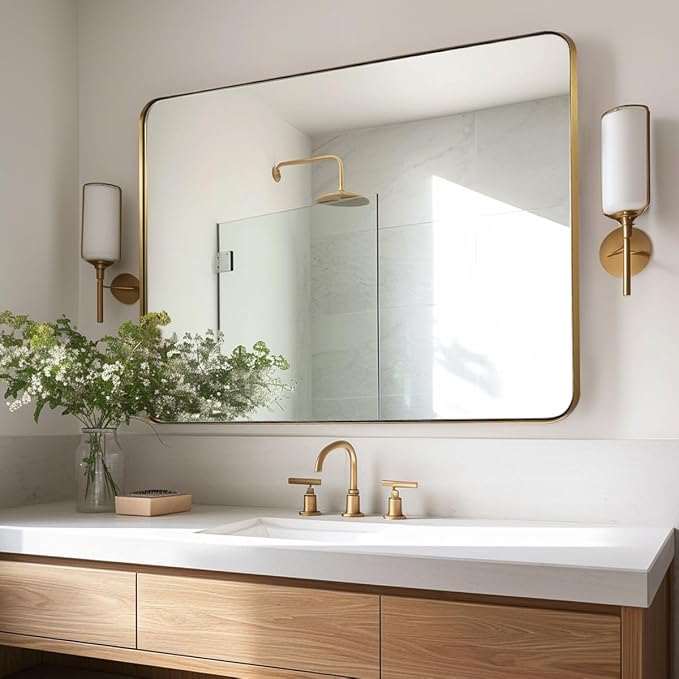 ANDY STAR Gold Bathroom Mirror for Wall, 20x28” Brushed Brass Metal Rounded Corner Rectangle Mirror, Wall Mirror in Stainless Steel Metal Frame, 1" Deep Set Design Hangs Horizontal Or Vertical