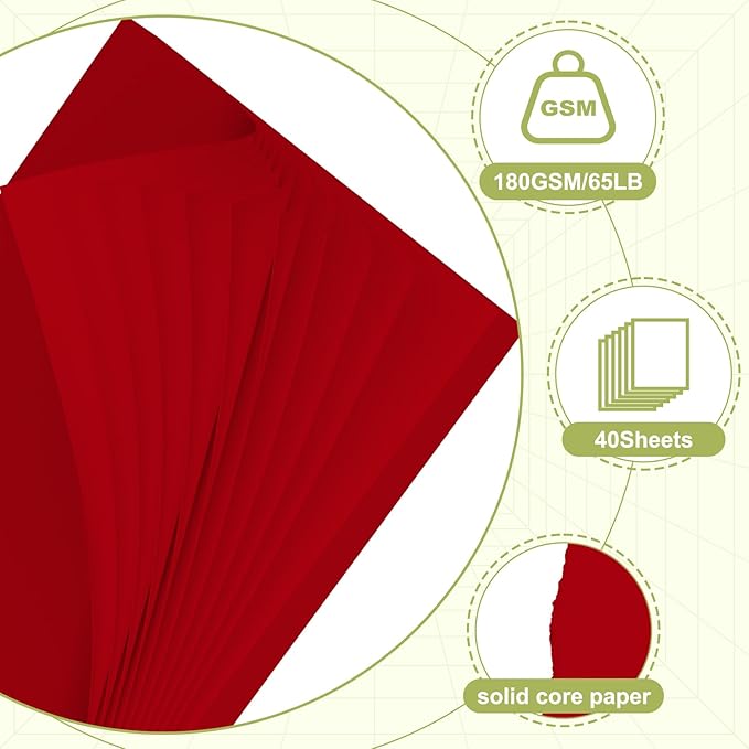 40 Sheets Cardstock 8.5x11, 65lb Red Card Stock, Construction Paper, 180gsm Thick Printer Paper for Printing, Painting, Card Making, Kids School Supplies,Party Decorations