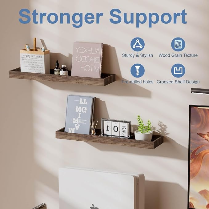2 Pack 15.7 in Smoke Gray Floating Shelves for Wall, Wooden Wall Shelves for Bedroom Living Room Kitchen, Modern and Rustic Bathroom Shelves with Raised Lip, Floating Shelf for Storage Display