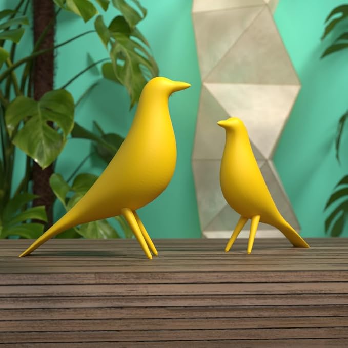 Mid Century Modern Retro Style Bird Family Decor Vintage Look Figurines 1960s 50s MCM Midmod Set of 2 Office Decoration Home Living room Gift (Yellow)