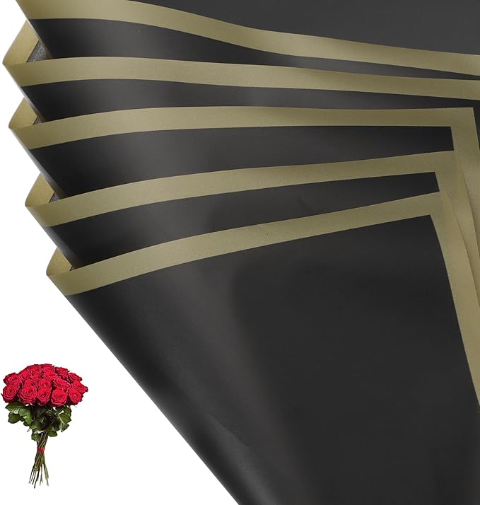 PATIKIL Flower Gift Wrapping Paper, 20 Sheets Gold Edge Waterproof Bouquet Paper Wrap Florist Supplies Packaging Floral Papers for Wedding DIY Craft Valentine Mother's Day, Black